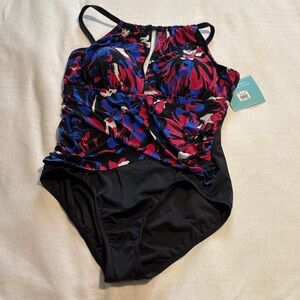 Women’s Black One-Piece Swimsuit with Pink & Blue Floral Print